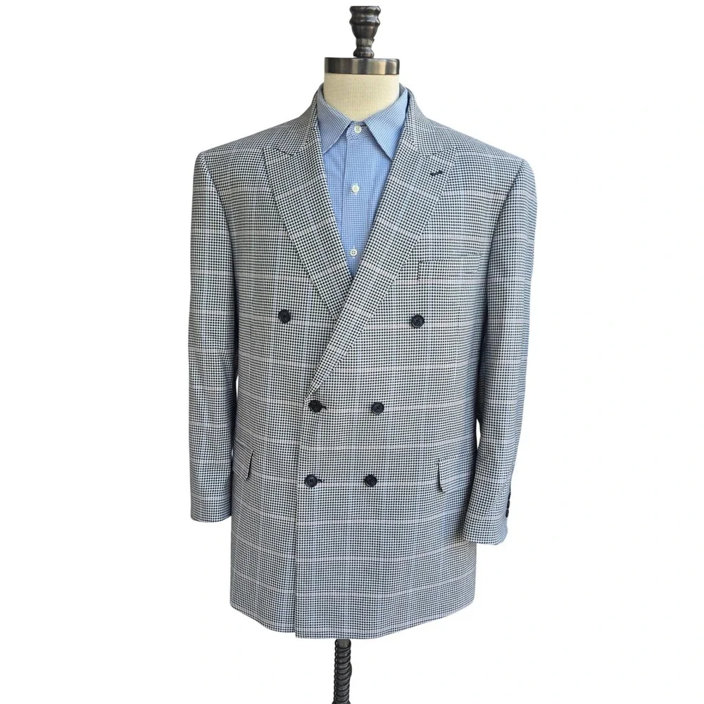 Paul Fredrick Mens 48L Double Breasted Blazer Houndstooth Silk Wool Sport Coat